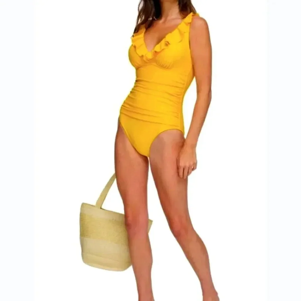 DKNY Women's  yellow Ruffle Detail underwire One Piece Swimsuit Size 12 - Picture 8 of 11